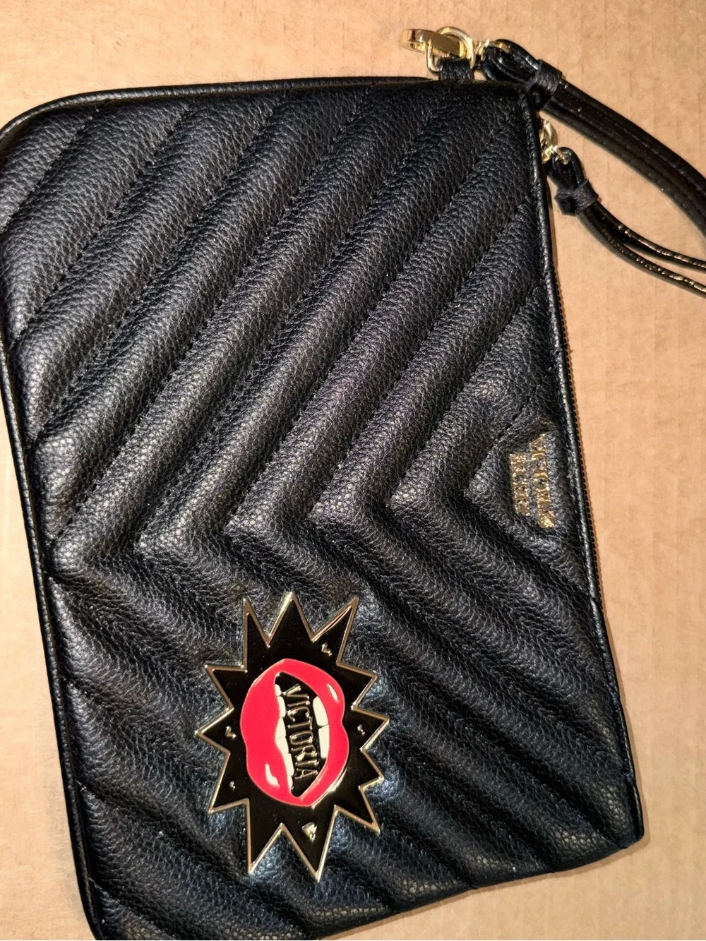 Victoria's Secret Black Quilted Wristlet with Red Lip Emblem
